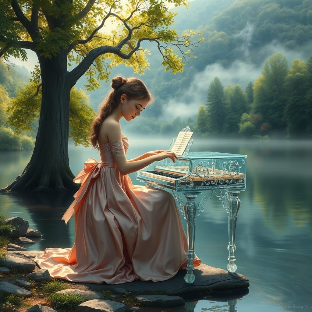 Girl at Glass Piano on Lake in Fantasy Style