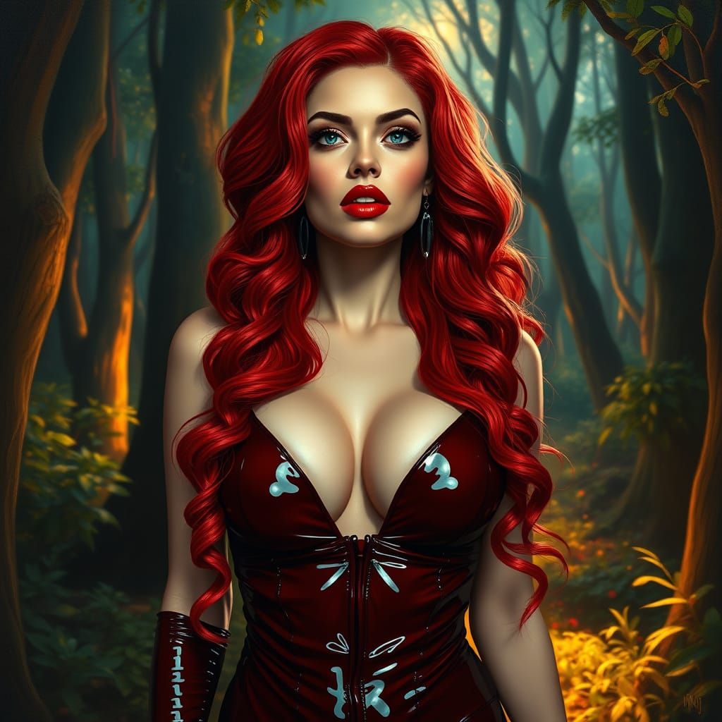 Surreal Forest Scene with Latex Woman in Alechinsky Style