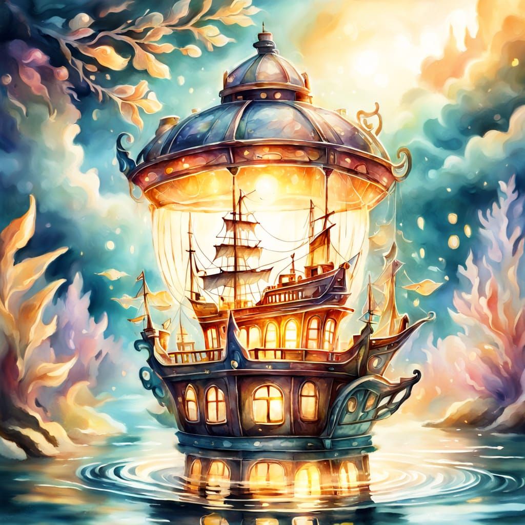 Fantastic Ship in Lantern, Watercolor Style