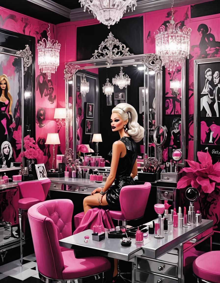 Glamorous Makeup Room in Dark Pink and Silver, Oil Painting