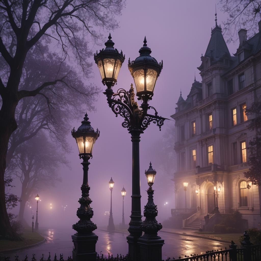 Purple Street Lamp in Fog: Hyper-Realistic Splash Art