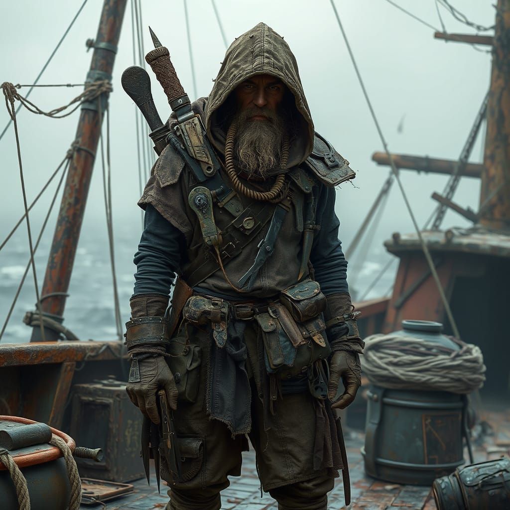 Scavenger on Derelict Freighter in Dystopian Style