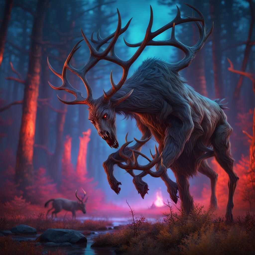 Wendigo Hunting Deer: Detailed Fantasy Concept Art