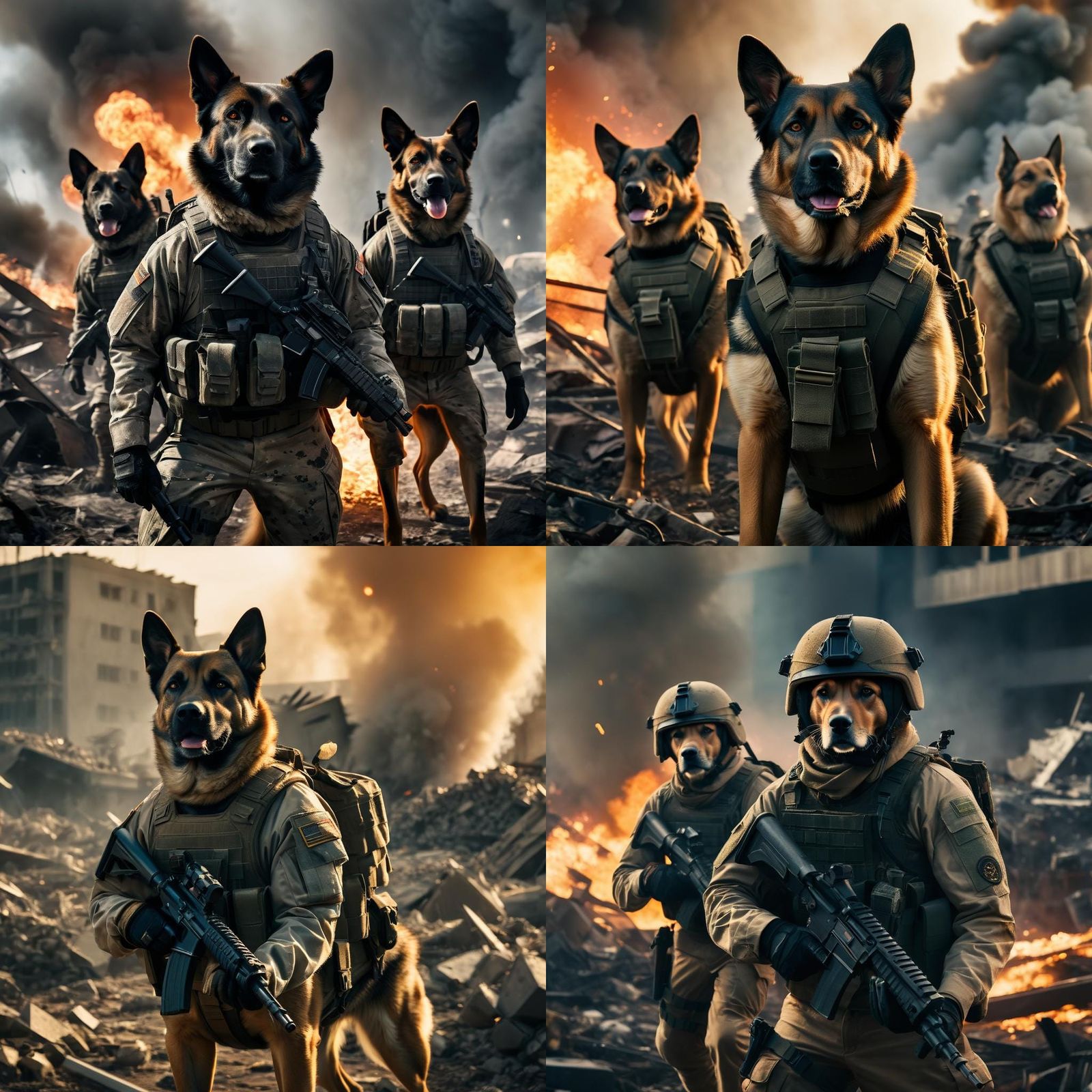 Soldier Dogs in Battlefield Chaos: Cinematic Film Still