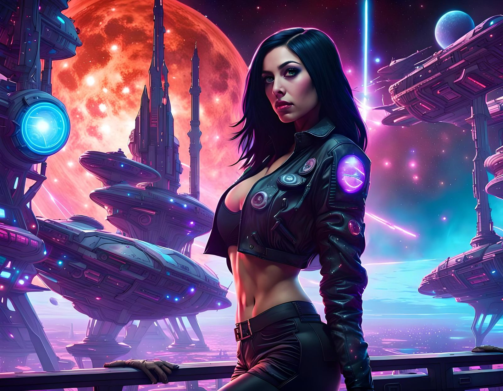 Cyberpunk Woman in Celestial Dockyard with Spaceships