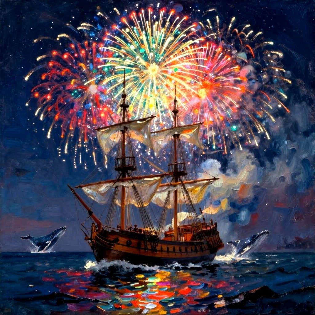 Fireworks Over Frigate with Whale Breach
