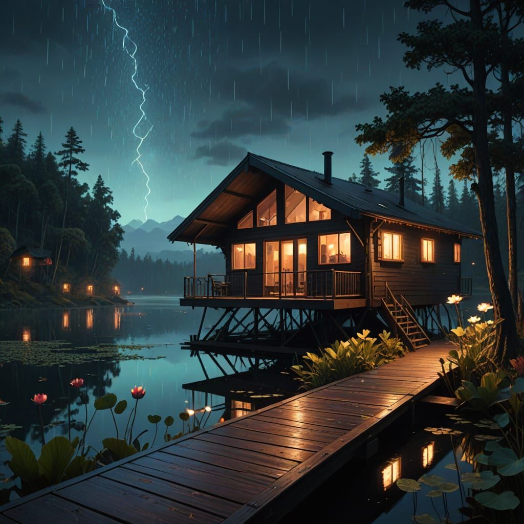 Postmodernist Cabin Amidst Lotus-Filled Lake at Dusk