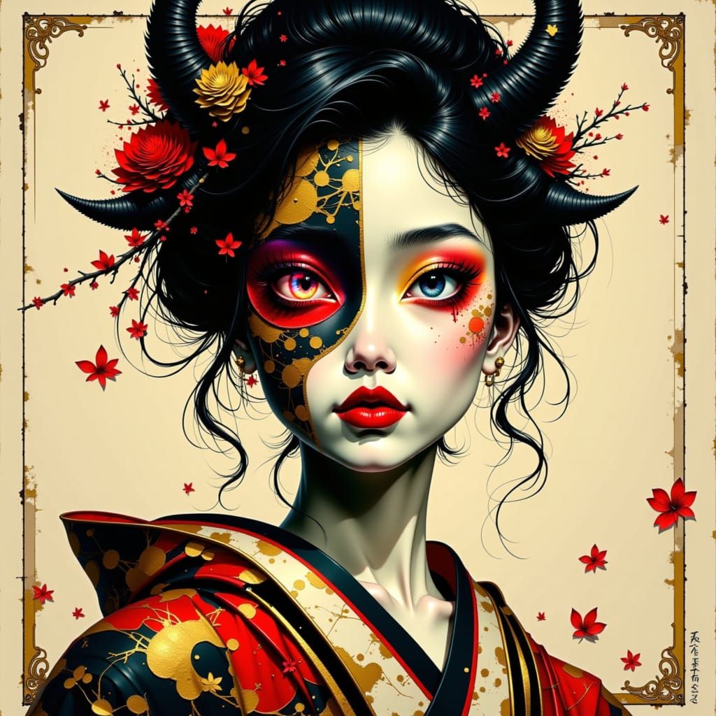 Geisha and Akumu Demon Face in Dark Surrealist Style