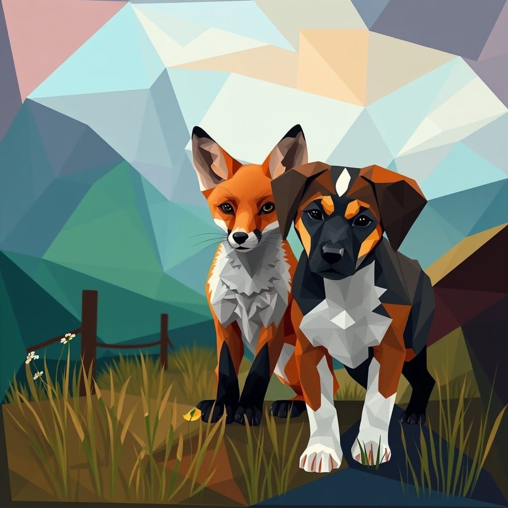 Baby Fox and Hound Puppy Explore Farm in Geometric Cubist Ar...