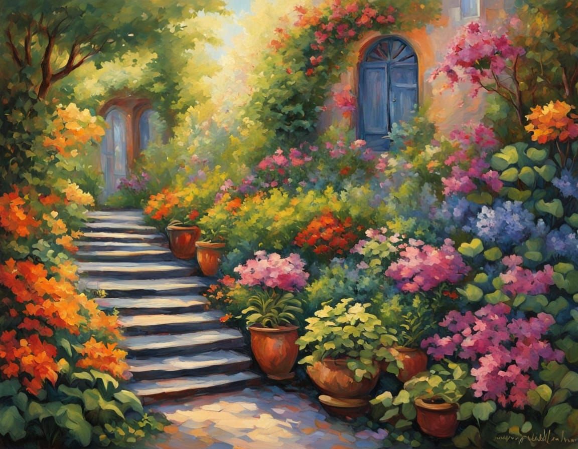 Impressionist Stone Staircase Ascending to Sun-Drenched Sky