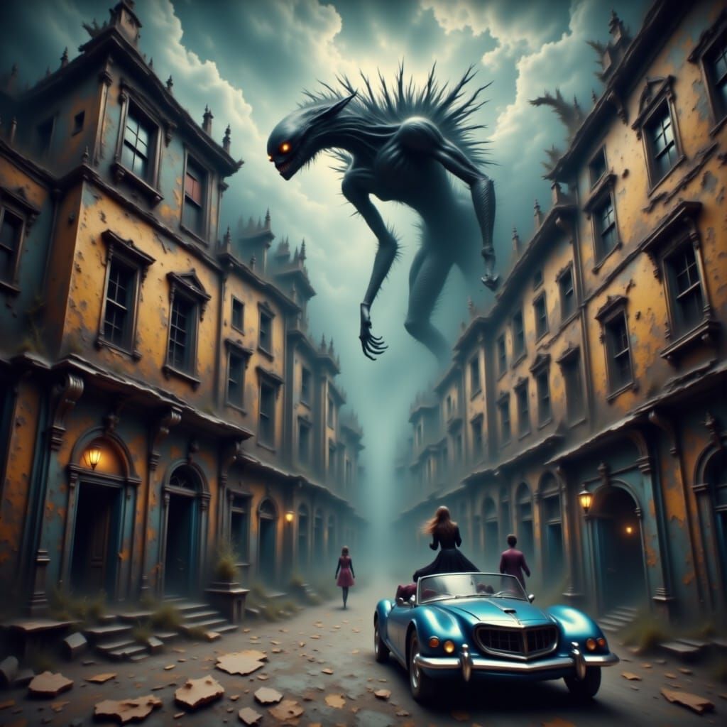 Giant Alien Roams Cyberpunk Cityscape