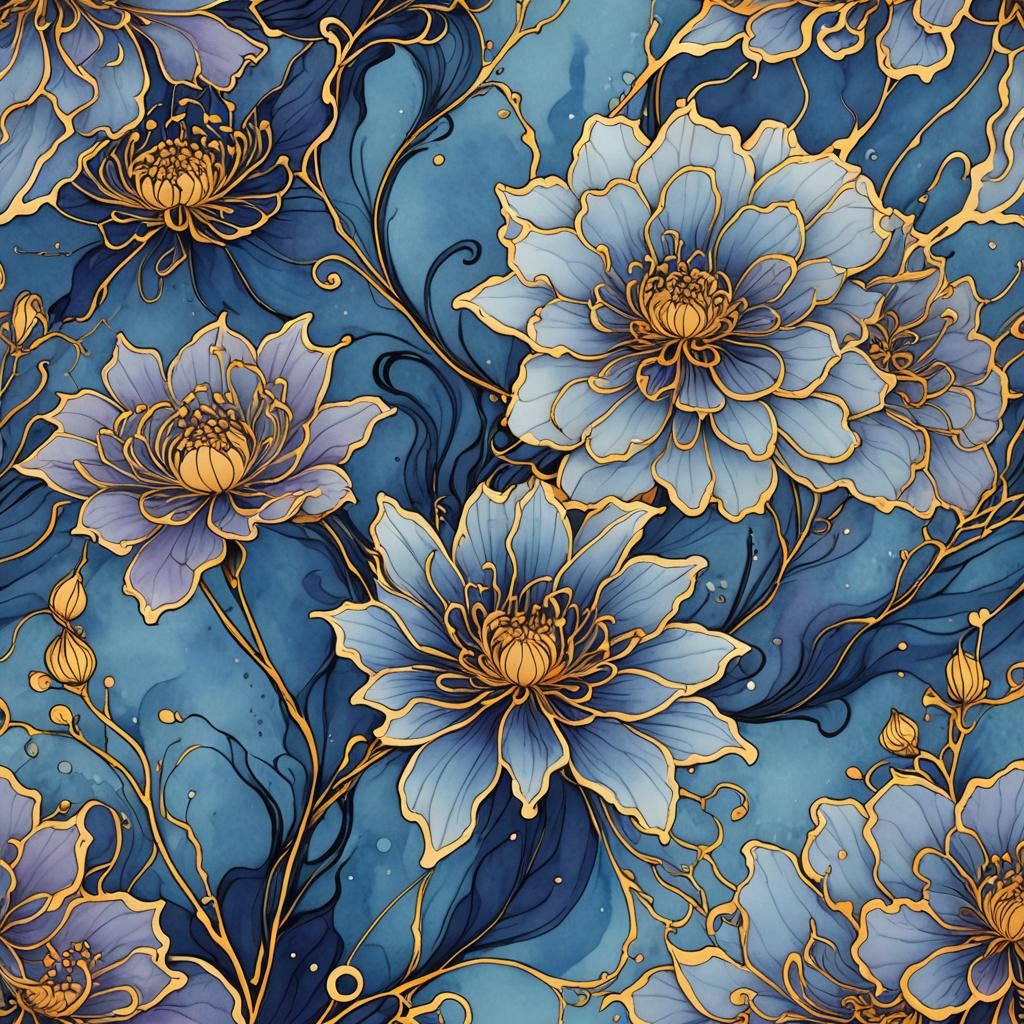 Continuous Line Art Flower in Blue, Fantasy Concept