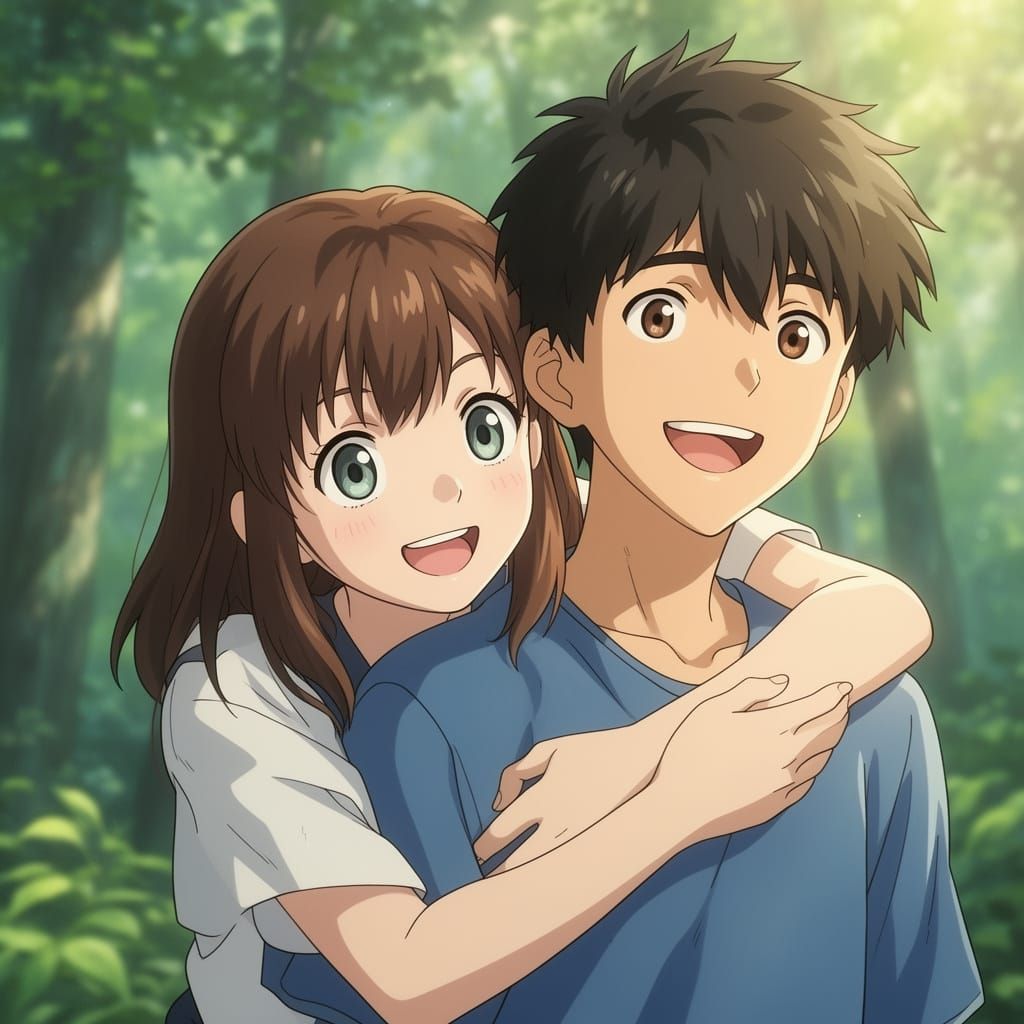 Anime Couple Embrace: Joyful Students in Vibrant Style