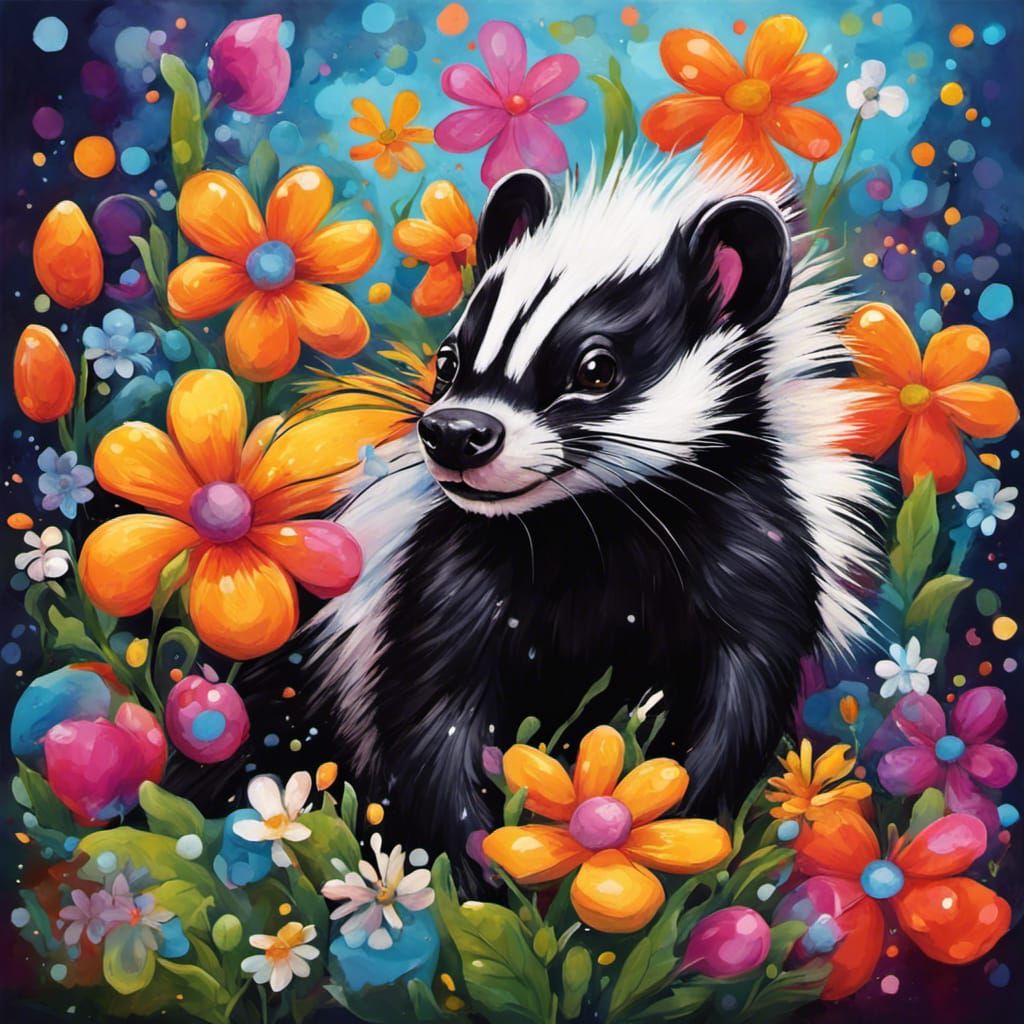 Cheerful Fluffy Skunk Covered in Magical Flowers
