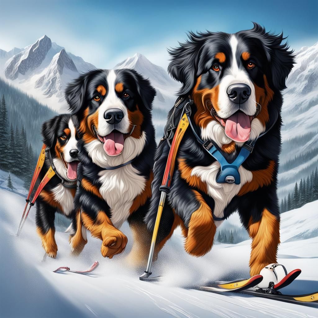 Bernese Mountain Dog Skiers in Hyperrealistic Splash Art