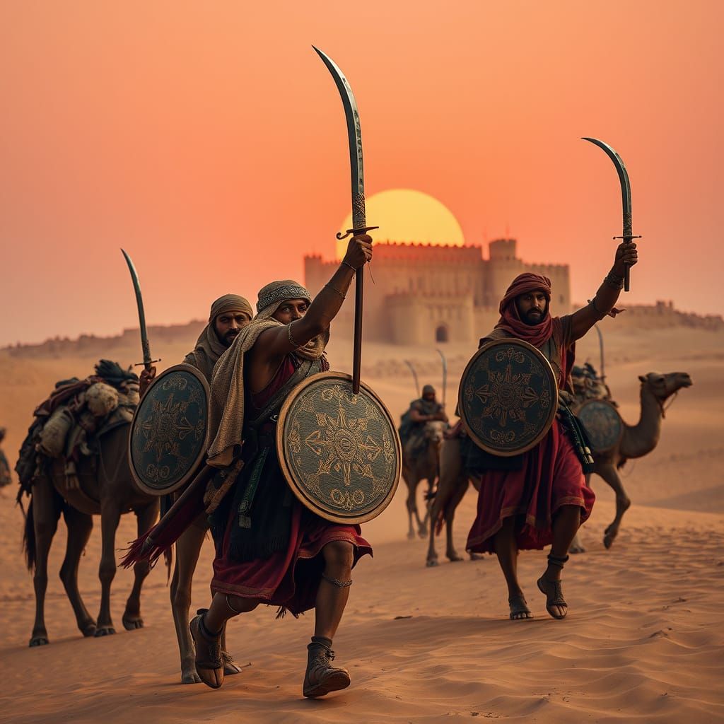 Berber Warriors Assault Desert Fortress at Sunset