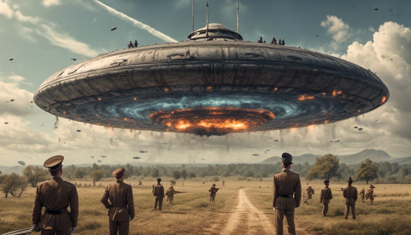 Flying Saucer Landing in 1945: Hyperrealistic Scene