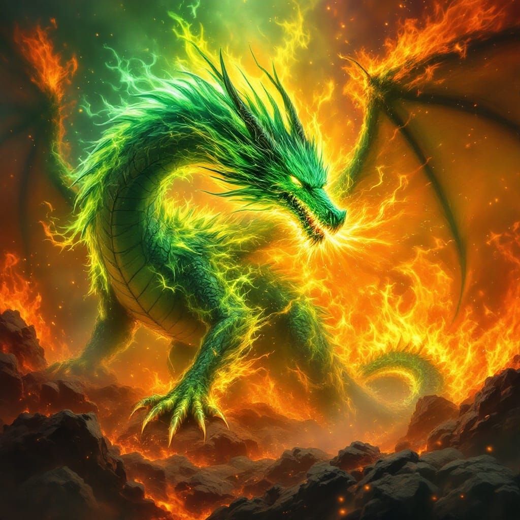 Emerald Dragon Enveloped by Inferno