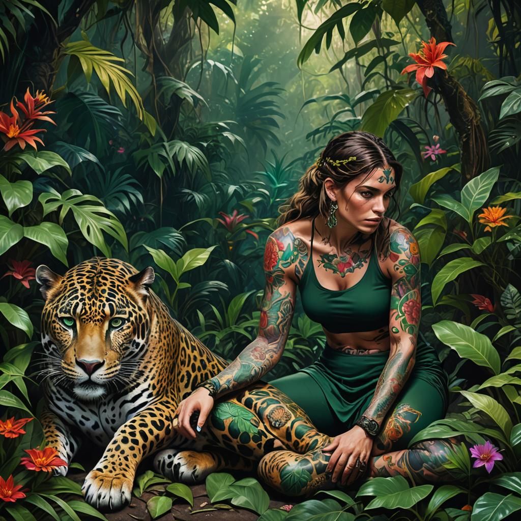 Woman as Jaguar in Jungle, Digital Matte Painting