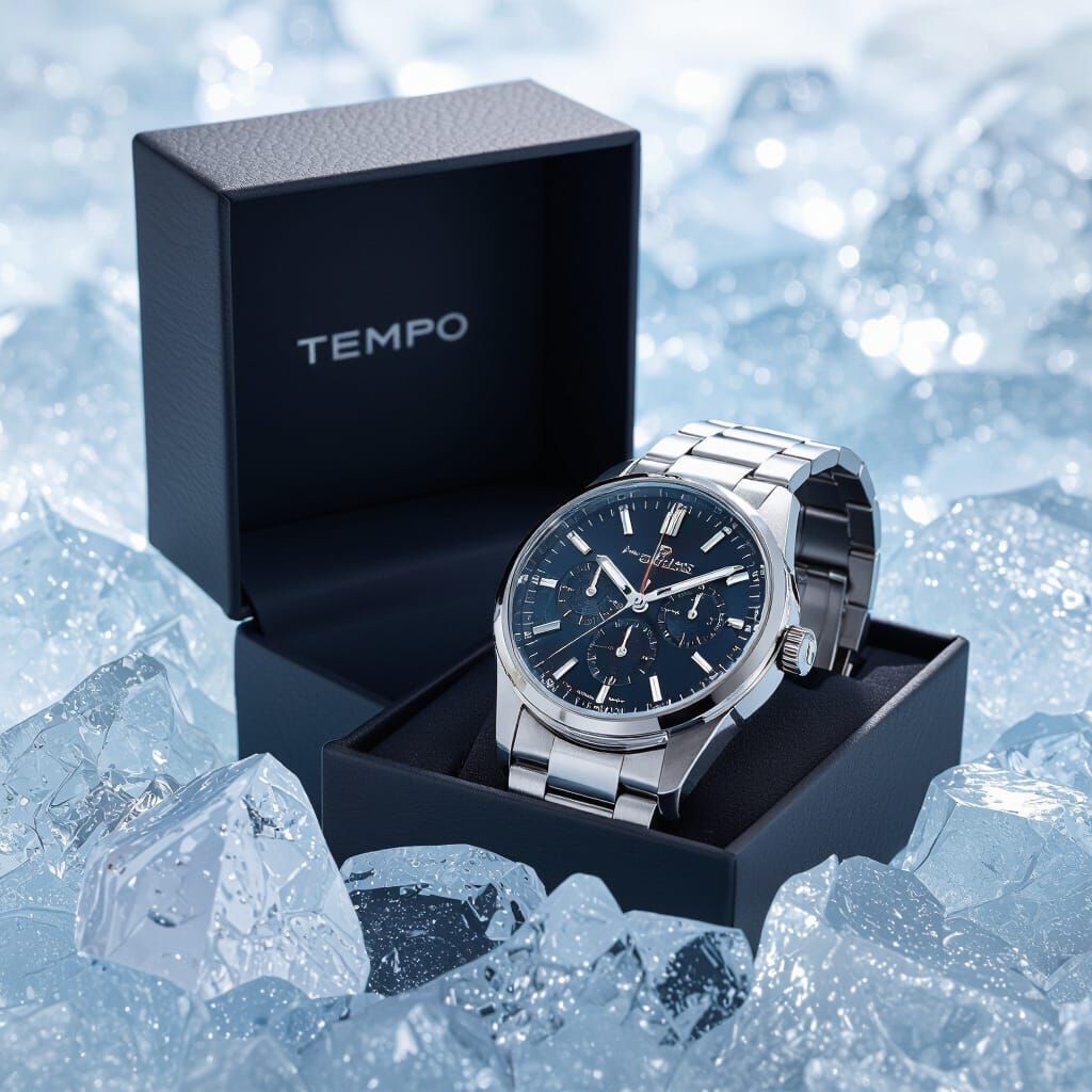 Silver Tempo Watch on Ice: Futuristic Digital Art