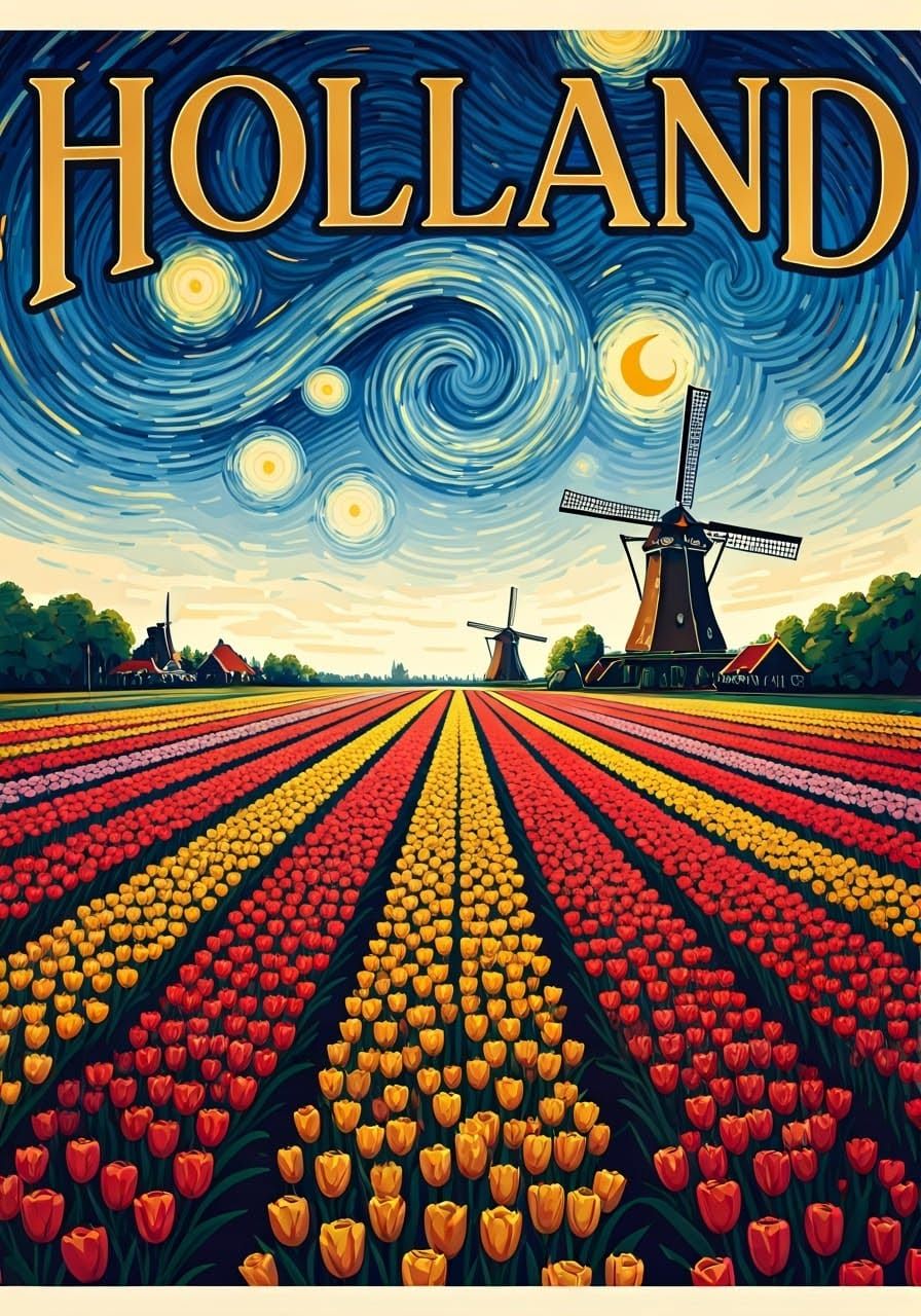 Vintage Holland Travel Poster in Van Gogh Style