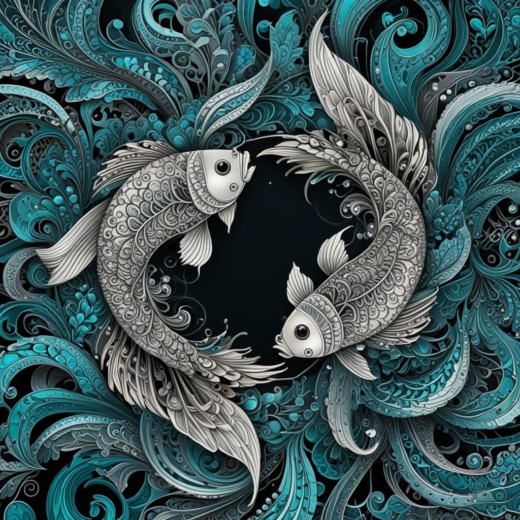 Surreal Twin Fish Dance in Iridescent Hues