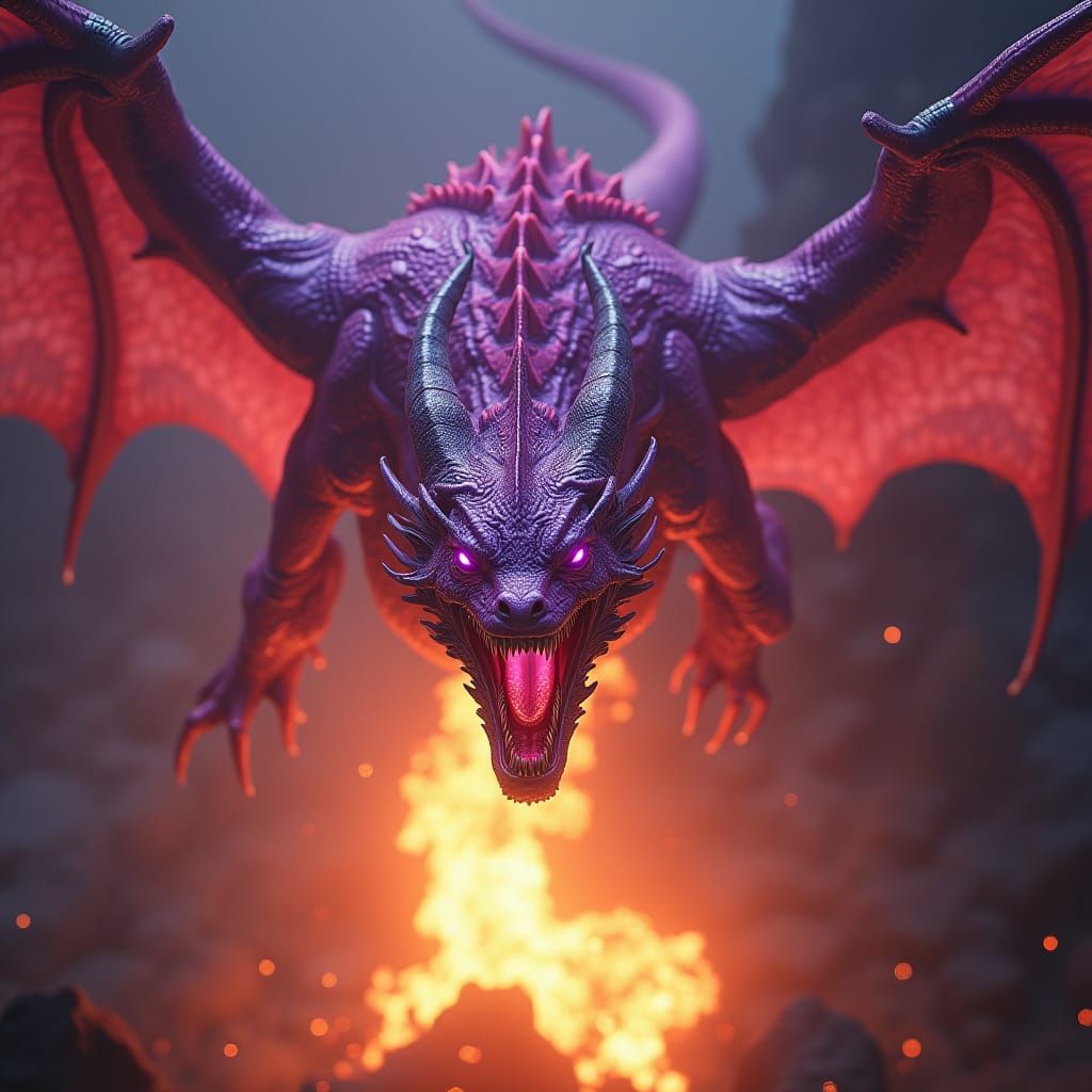 Majestic Dragon Soars Above Fiery Explosion in Dark Fantasy