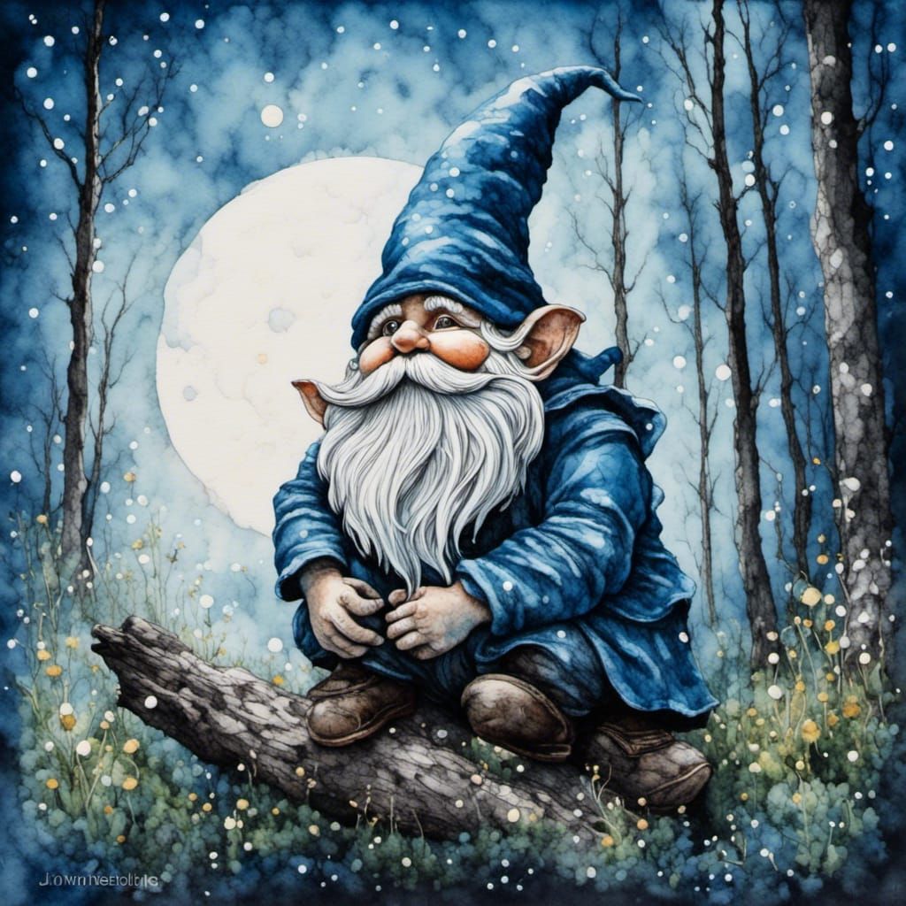 Gnome Watching Moonlight in Blue Watercolor