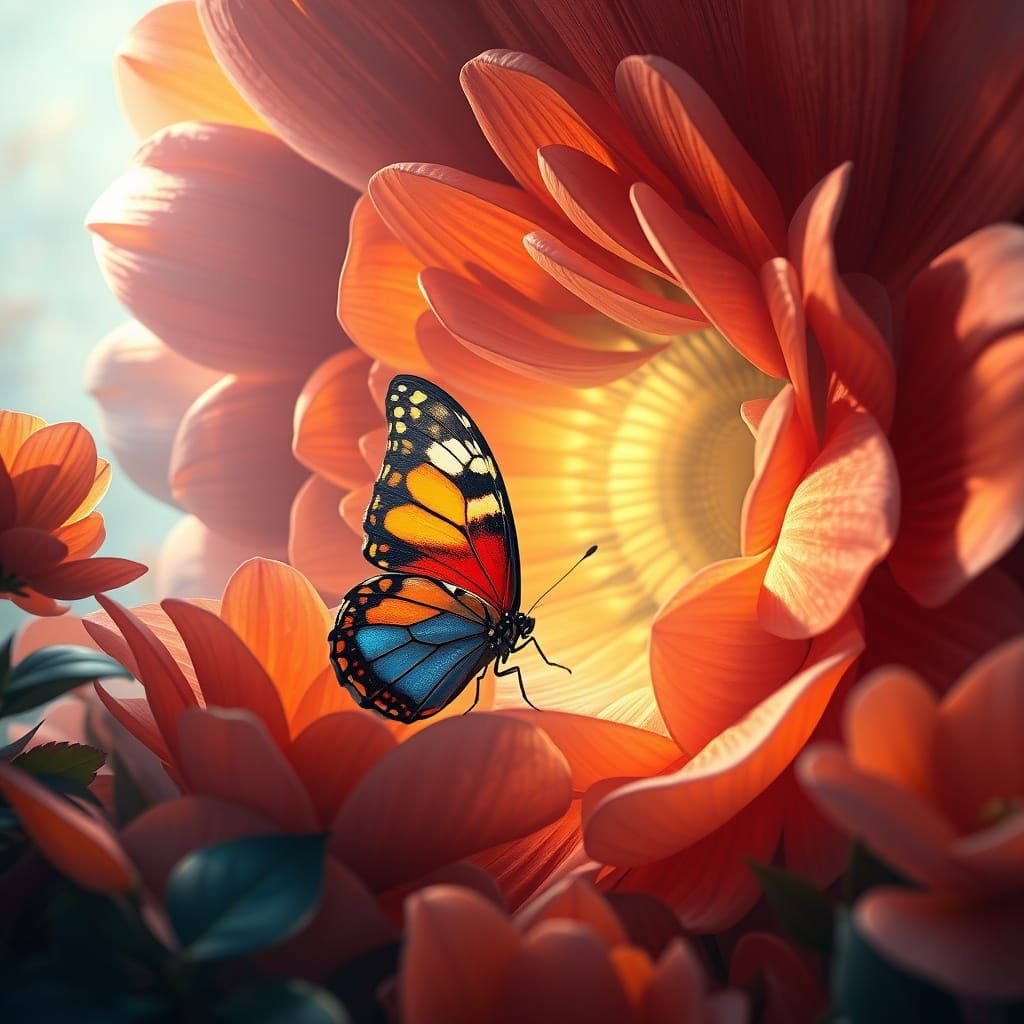 Butterfly and Gigantic Flower in Fantasy Art Style
