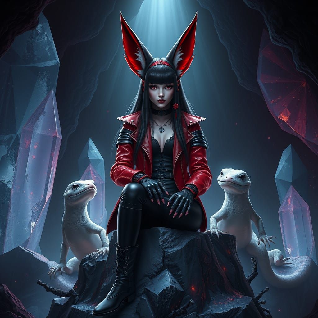 Goth Queen in Mystical Cave, Red Fox Ears, Black Leather