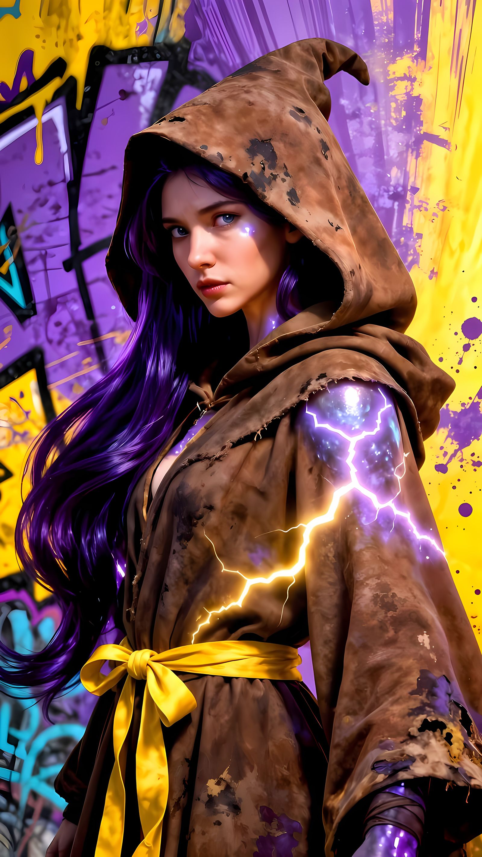 Bioluminescent Witch with Violet Hair and Cracks