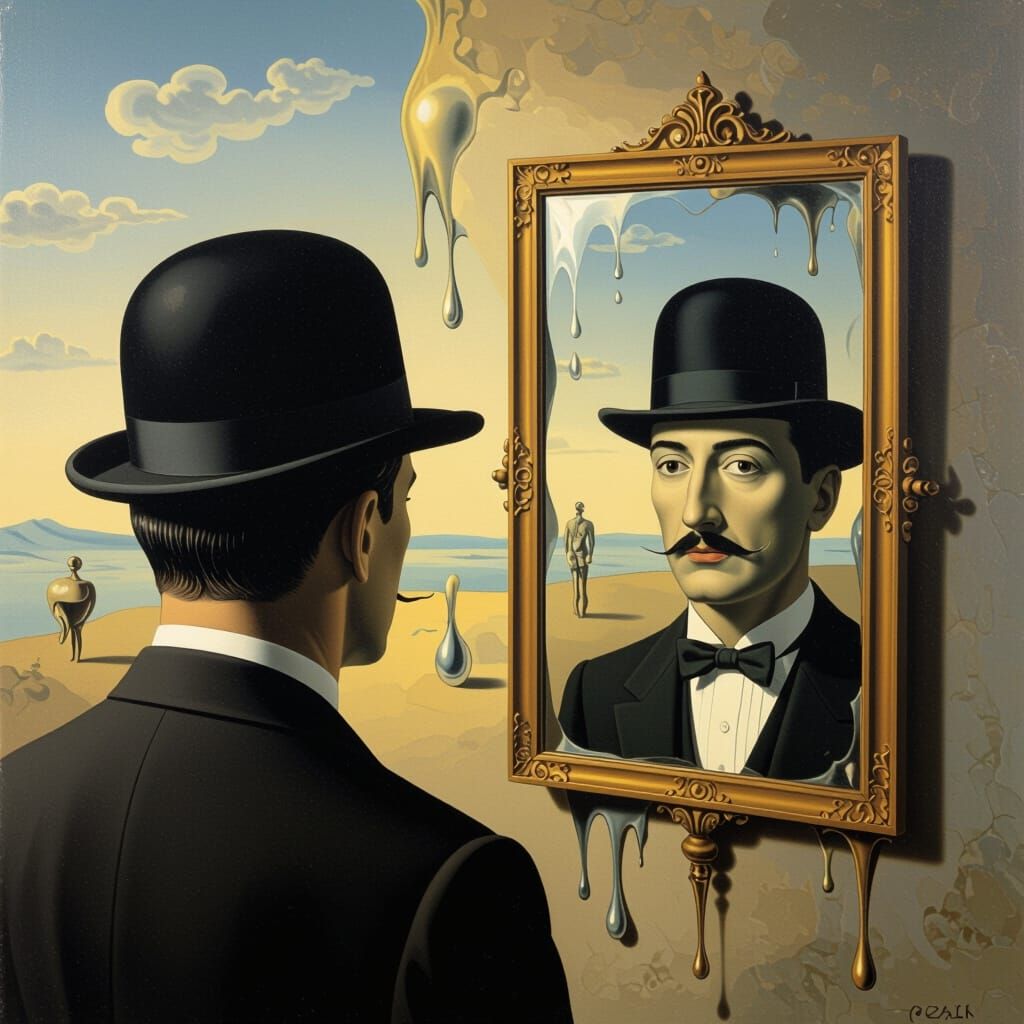 Surreal Man in Bowler Hat Mirror Reflection