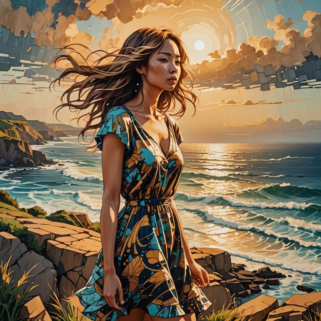 Woman on Windy Clifftop in Vibrant Street Art
