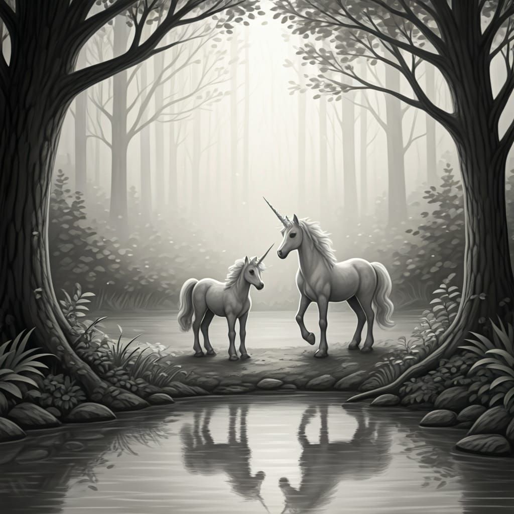 Unicorn Family in Misty Forest: Charcoal Sketch