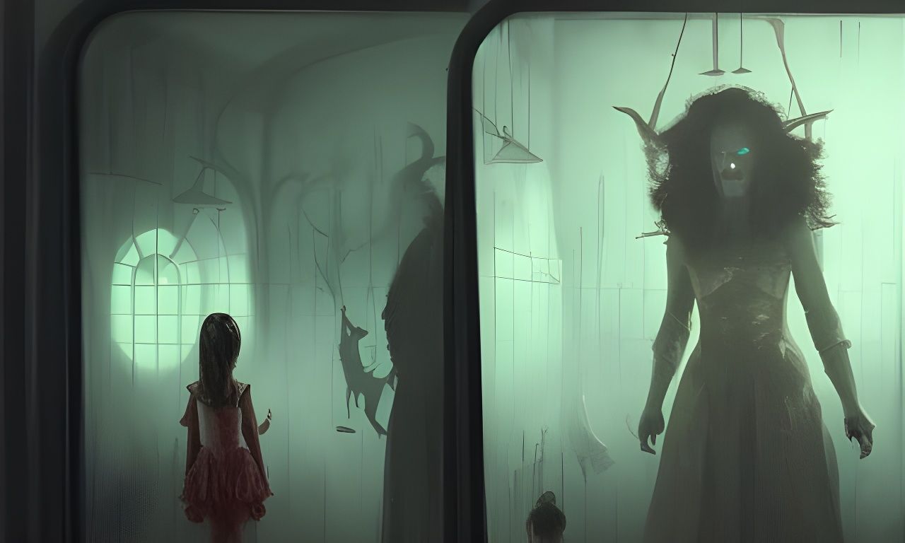 Sinister Funhouse Mirror Reflections in Dark Fantasy Style