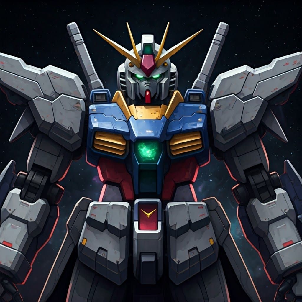 Menacing Gundam Robot in Epic Cosmic Scene