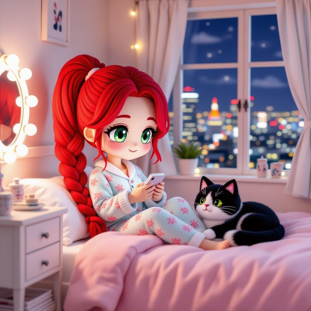 Yarn Art: Chibi Woman in Tokyo Bedroom