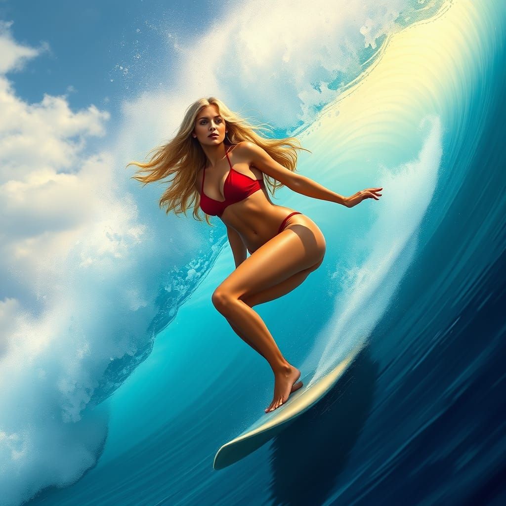Surreal Blonde Surfer Rides a Vibrant Aqua Wave