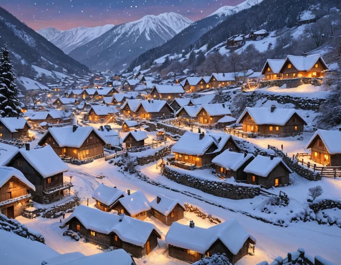 Festive Mountain Village Christmas: Impressionist Winter Lan...