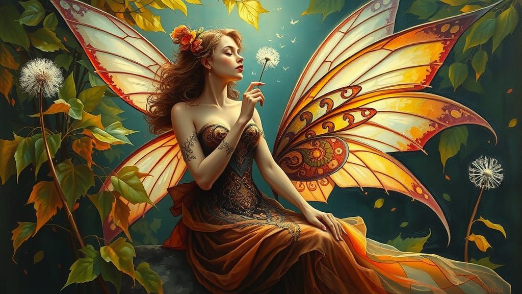 Fairy with Dandelion in Luminous Impasto Oil Painting