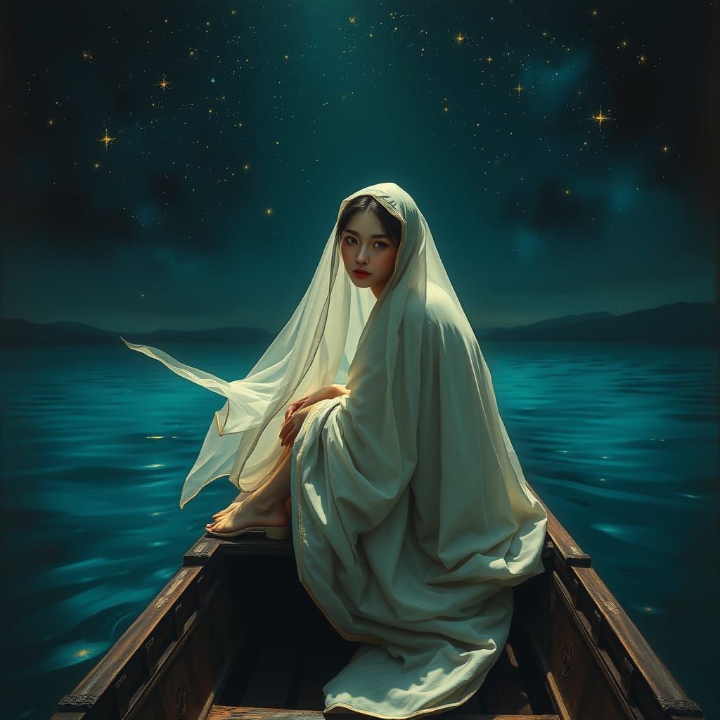 Enigmatic Oriental Woman in a Starry Night Scene, Oil Painti...