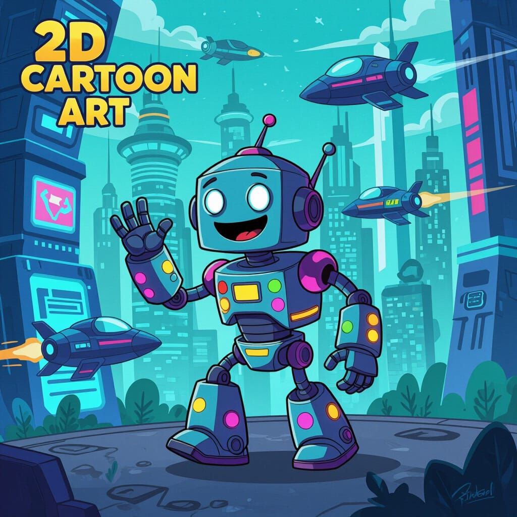 Friendly Robot Explores a Sci-Fi City in 2D Cartoon Art