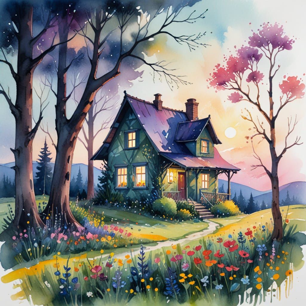 Twilight Meadow Retreat in Watercolour Style