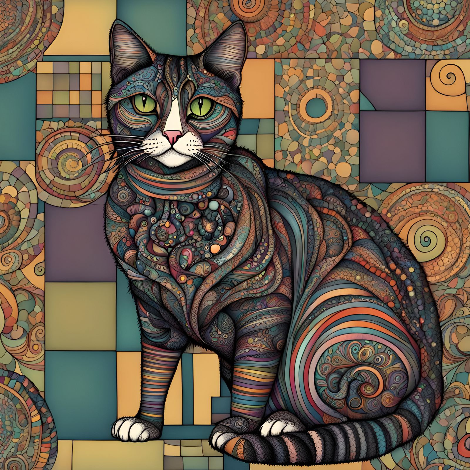 Colorful Zentangle Cat Digital Art