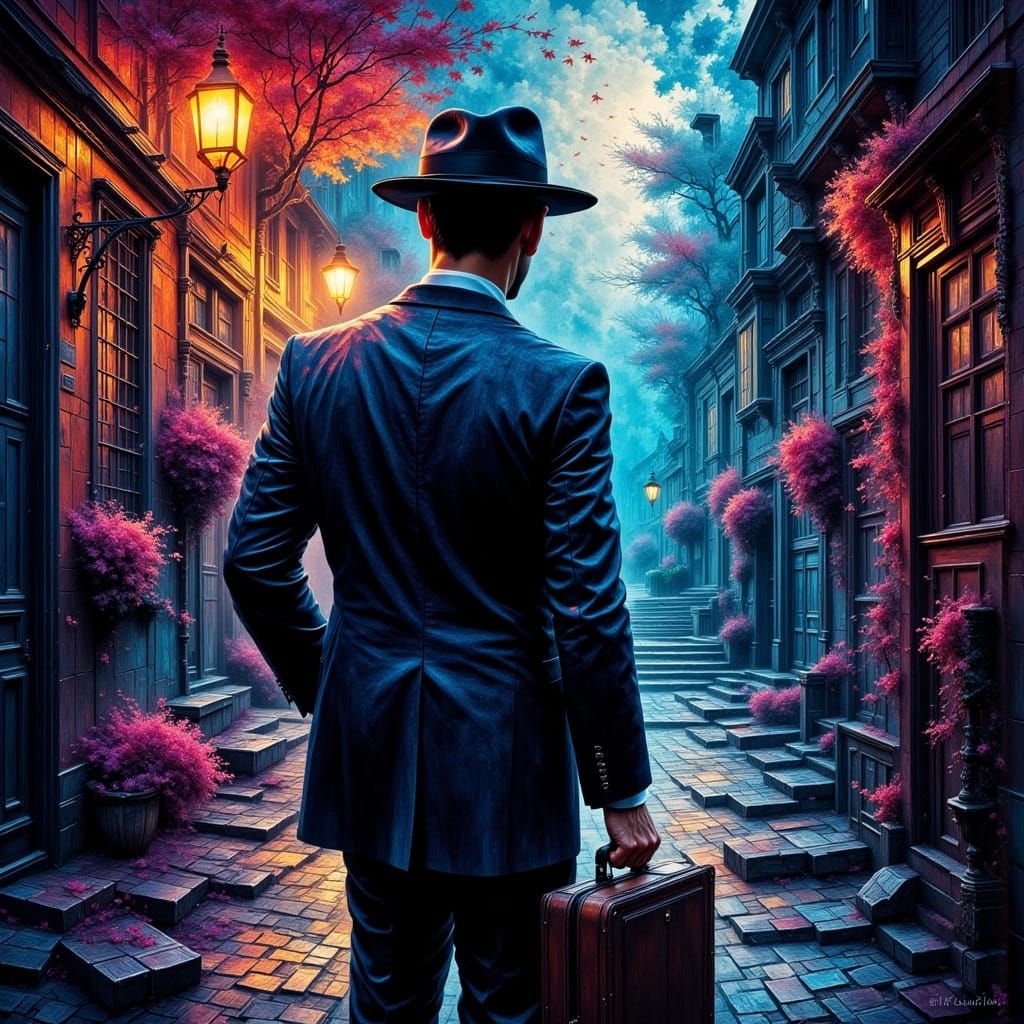 Fugitive in Surreal Noir Alleyway, Bold Neon Colors