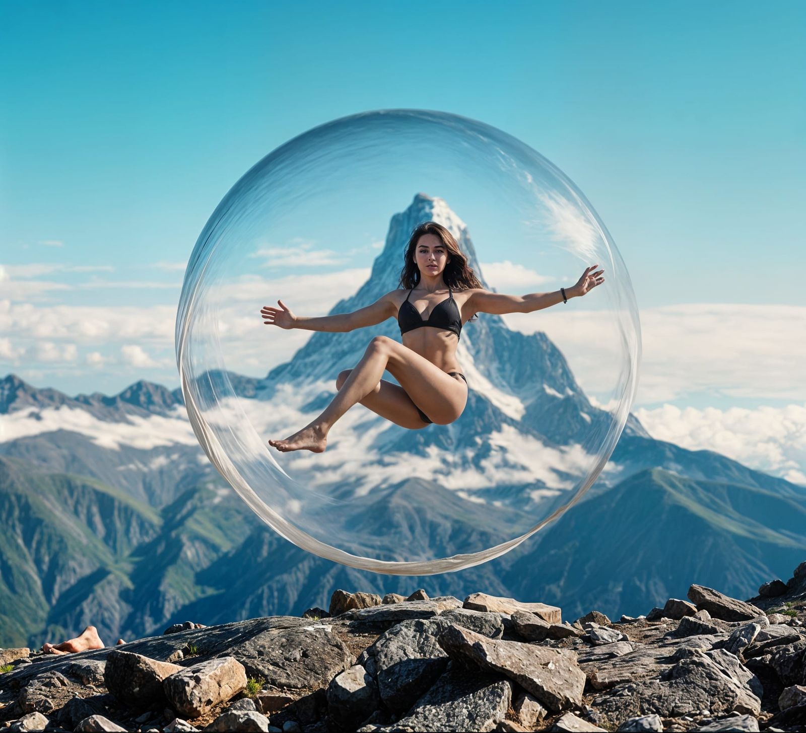 Woman in Bubble with Matterhorn: Photorealistic Film Still