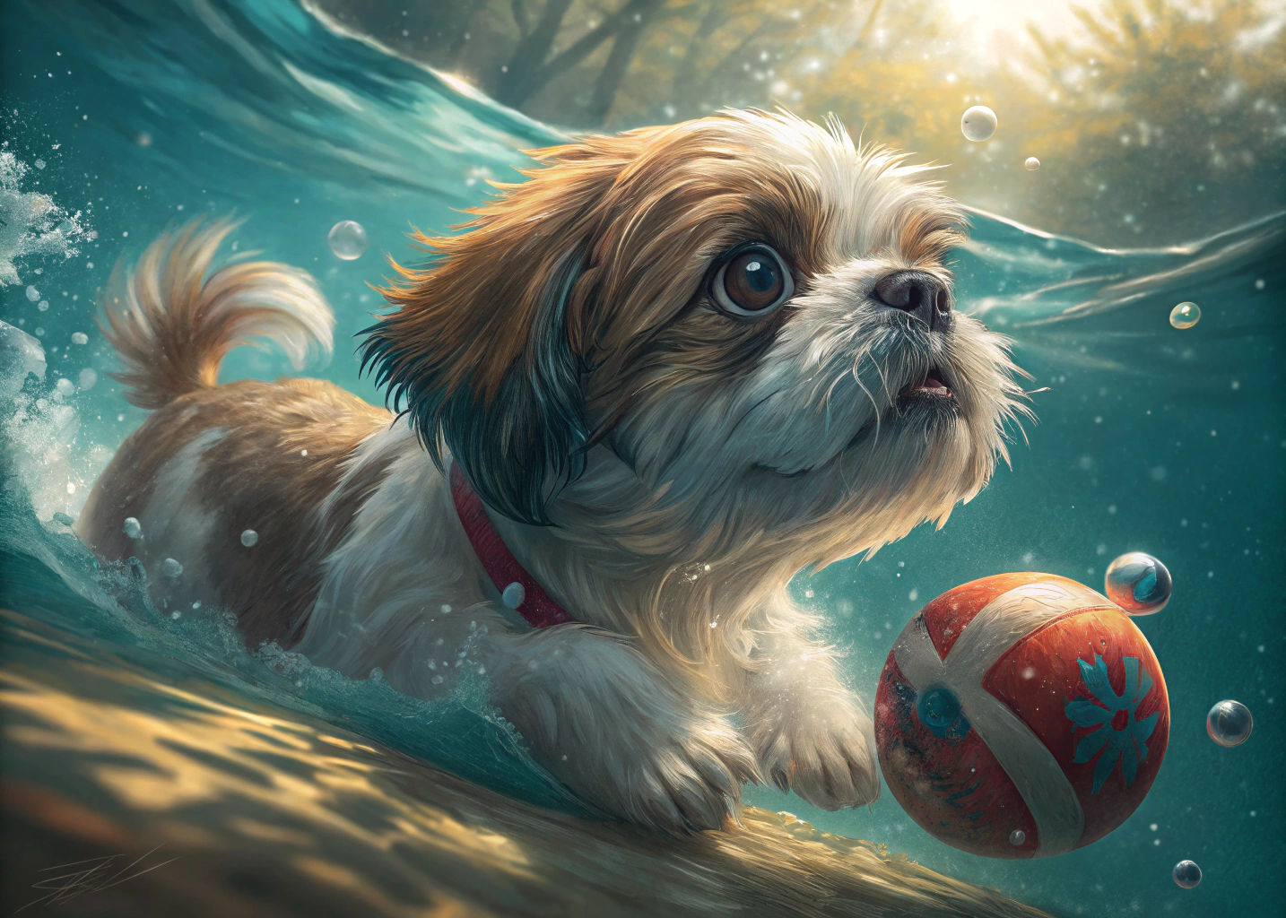 Shih-Tzu Dog Underwater: Hyperrealistic 16k Resolution