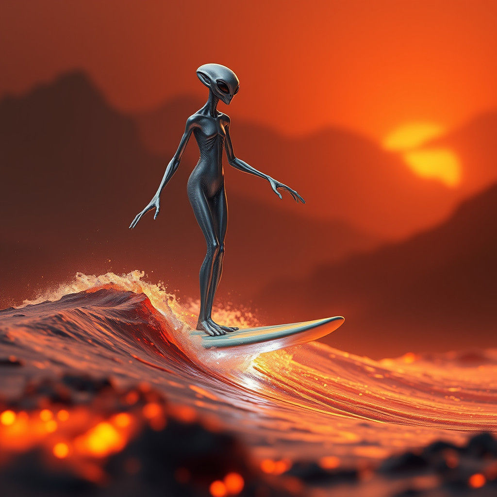 Alien Surfer Rides Lava Wave on Distant Planet