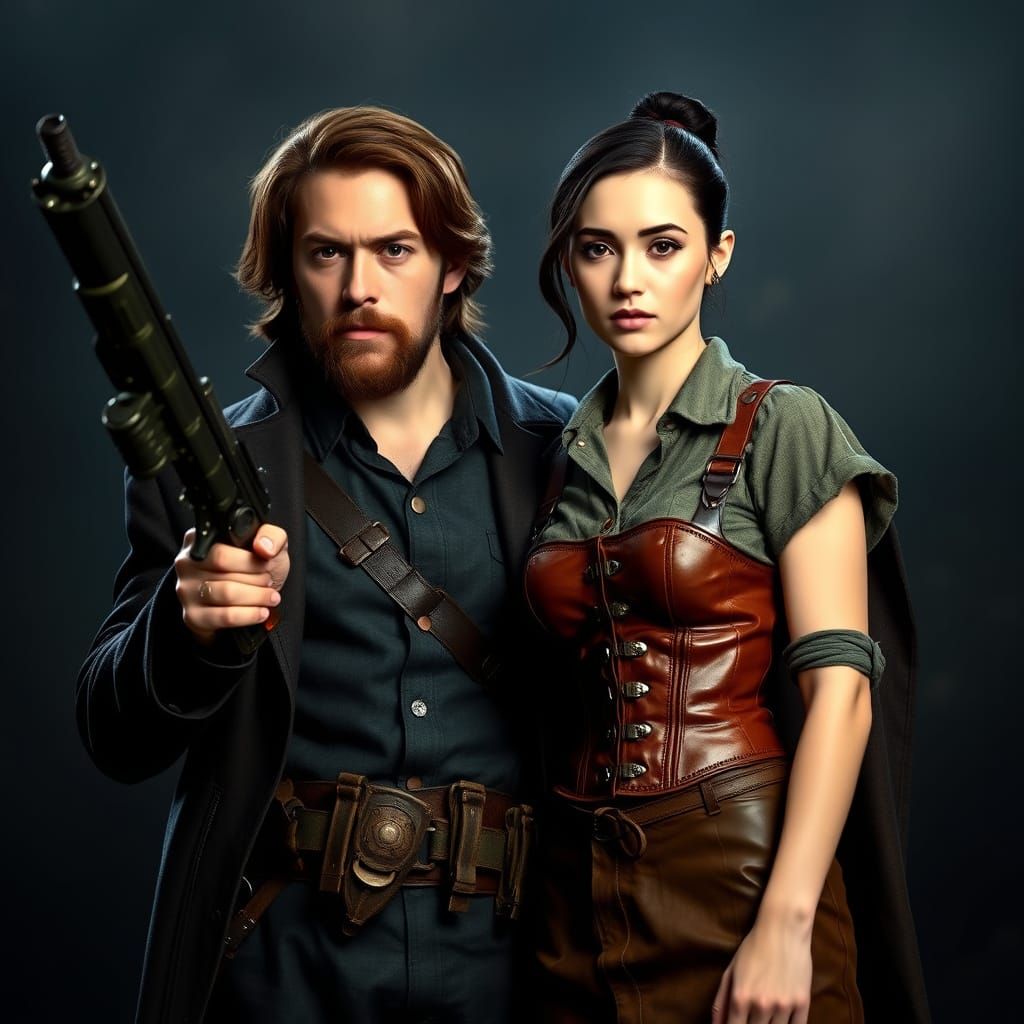 Steampunk Action Scene: Man and Woman in Combat