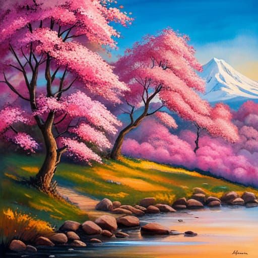 Pagoda and Cherry Blossoms in Fantasy Art Style